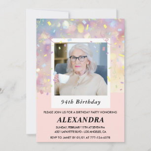Modern Pink Confetti Photo 94th birthday Invitation