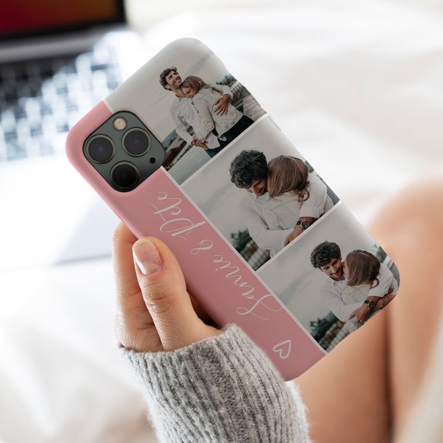 Modern pink couple names 3 photos collage grid Case-Mate iPhone case (Creator Uploaded)