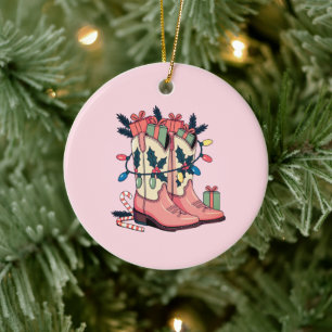Modern Pink Cowgirl Western Boots Christmas Ceramic Ornament