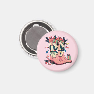 Modern Pink Cowgirl Western Boots Christmas Magnet