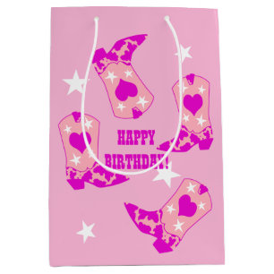 Modern Pink Cowgirl Western Boots Happy Birthday  Medium Gift Bag