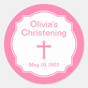 Modern Pink Cross Christening Baptism Classic Round Sticker