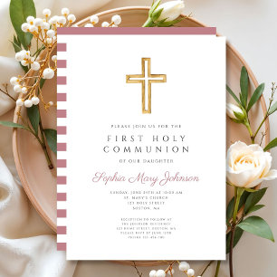 Modern Pink Cross Girl First Communion Invitation
