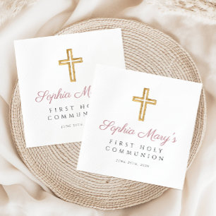 Modern Pink Cross Girl First Communion Napkin