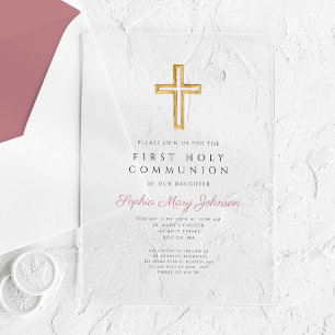 Modern Pink Cross Religious Girl First Communion Acrylic Invitations