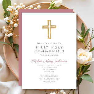 Modern Pink Cross Religious Girl First Communion Invitation