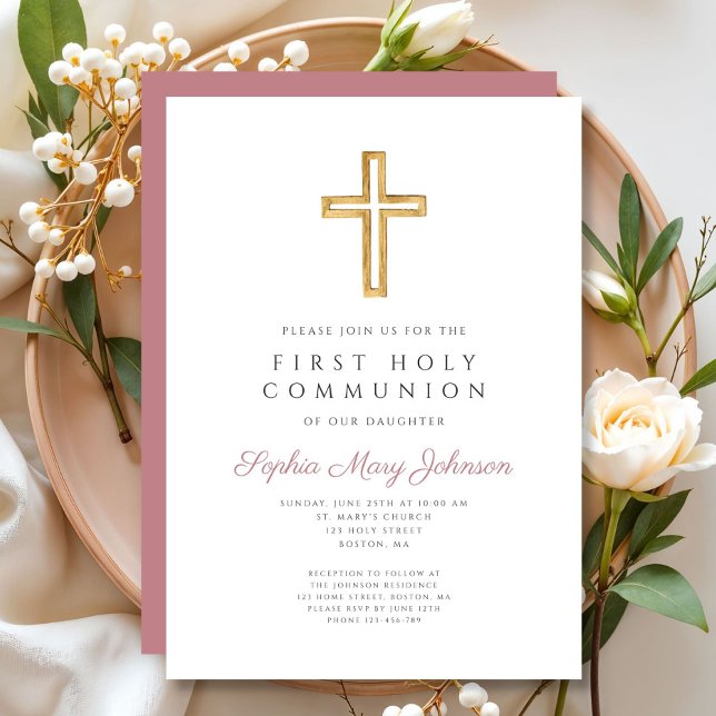 Modern Pink Cross Religious Girl First Communion Invitation (Modern Pink Cross Religious Girl First Communion Invitation)