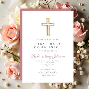 Modern Pink Cross Religious Girl First Communion Invitation