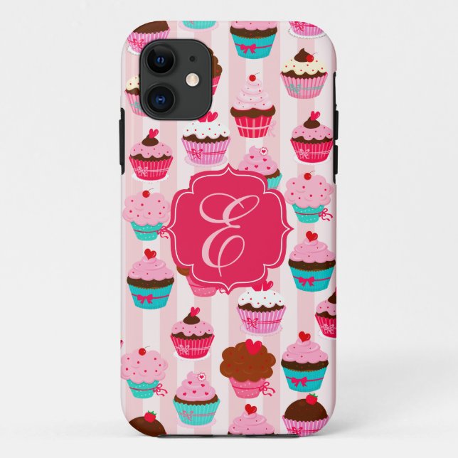 Modern Pink Cupcakes Girly Monogrammed Case-Mate iPhone Case (Back)