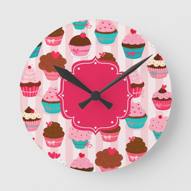 Modern Pink Cupcakes Girly Round Clock (Front)