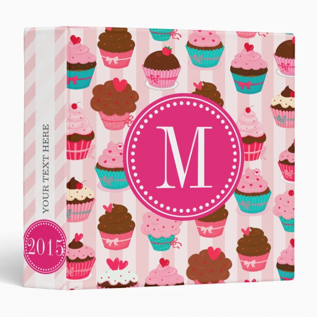 Modern Pink Cupcakes Monogrammed Personalized Binder (Front/Spine)