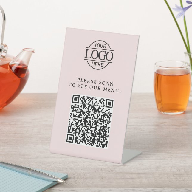 Modern Pink Custom Business Logo QR Code Menu  Pedestal Sign (In SItu)