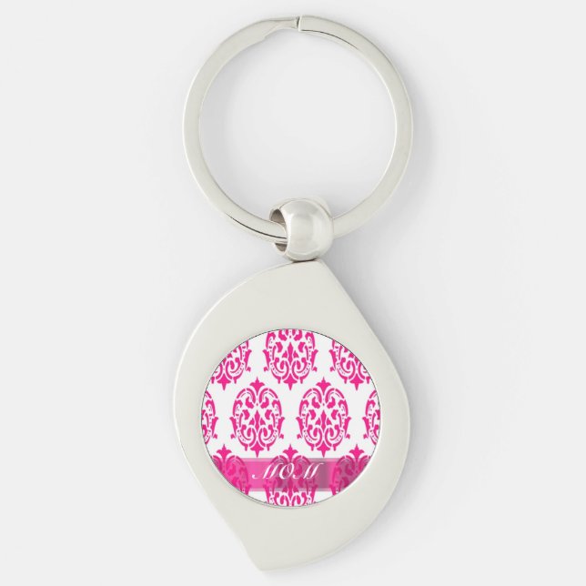 Modern Pink damask mothers Keychain (Front)