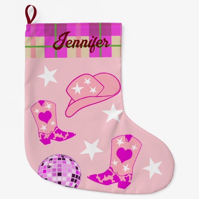 Modern Pink Disco Ball Cowgirl Hat Boots   Large Christmas Stocking (Front)