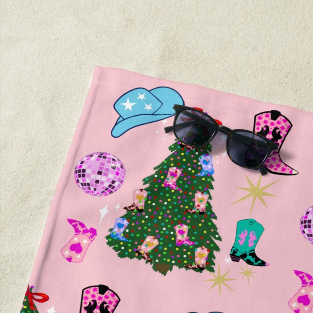 Modern Pink Disco Cowgirl Rodeo Christmas Tree  Beach Towel (In Situ)