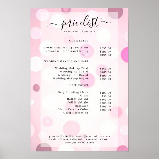 Modern Pink Dots Pattern Salon Preisliste Poster (Front)