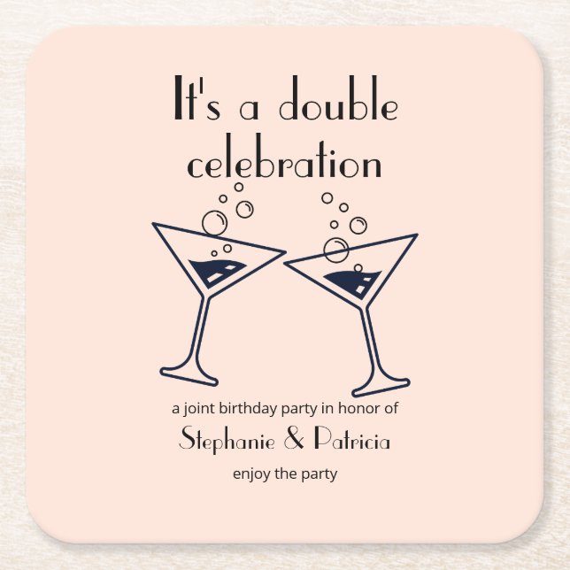Modern Pink Double Celebration Joint Birthday Square Paper Coaster (Front)