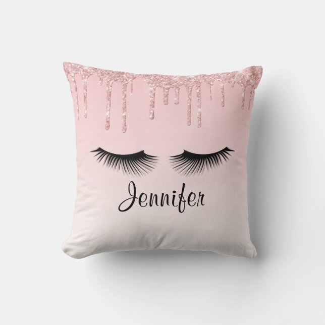 Modern Pink Dripping Glitter & Eyelashes Throw Pillow (Front)