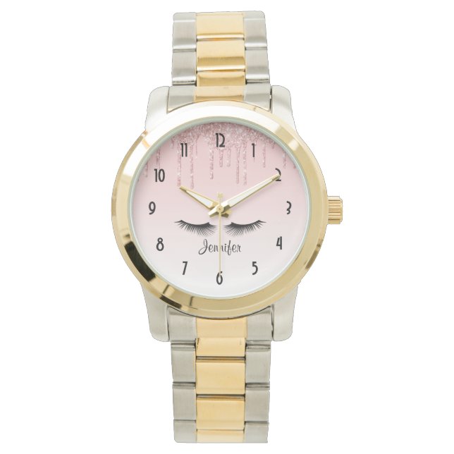Modern Pink Dripping Glitter & Eyelashes Watch (Front)
