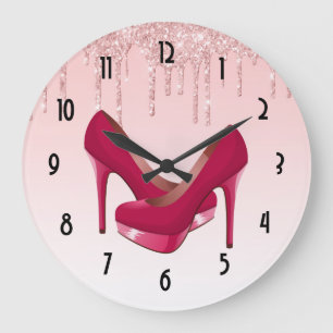 Modern Pink Dripping Glitter & High Heels Large Clock