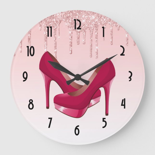 Modern Pink Dripping Glitter & High Heels Large Clock (Front)