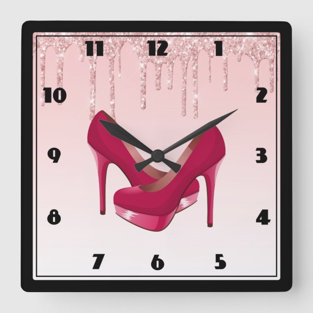 Modern Pink Dripping Glitter & High Heels Square Wall Clock (Front)