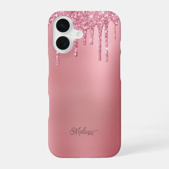 Modern Pink Dripping Glitter Personalize Name iPhone 16 Case (Back)