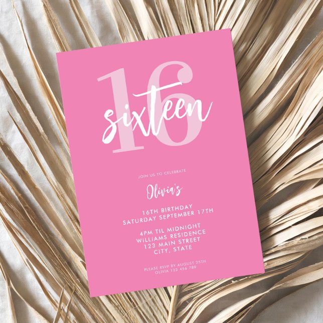 Modern Pink Elegant 16th Birthday Invitation (Creator Uploaded)