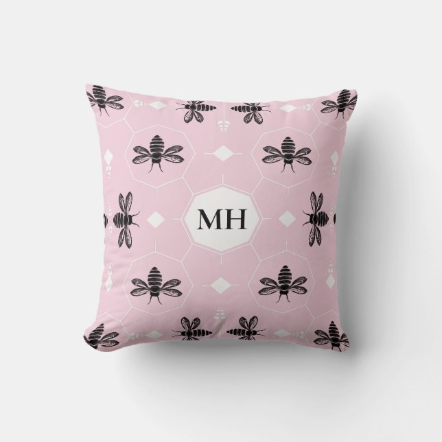 Modern Pink Elegant Black Bee Pattern Monogram Throw Pillow (Front)