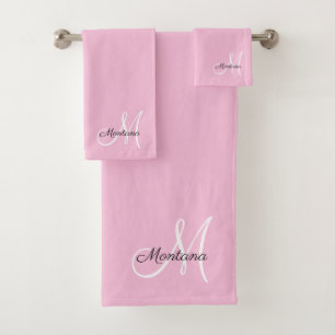 Modern Pink Elegant Monogram Script Bath Towel Set