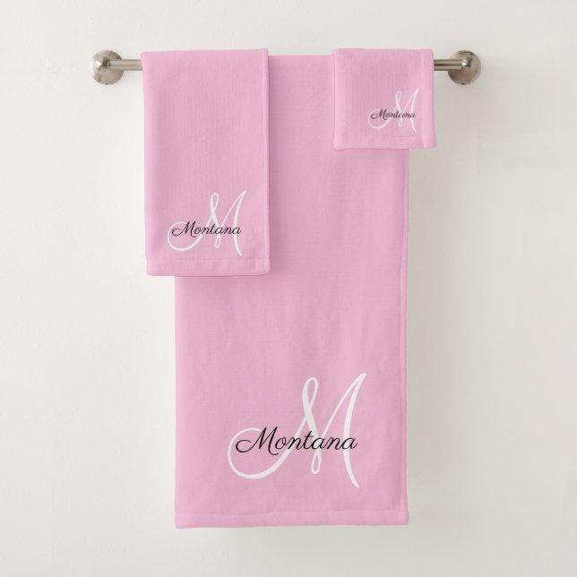 Modern Pink Elegant Monogram Script  Bath Towel Set (Insitu)
