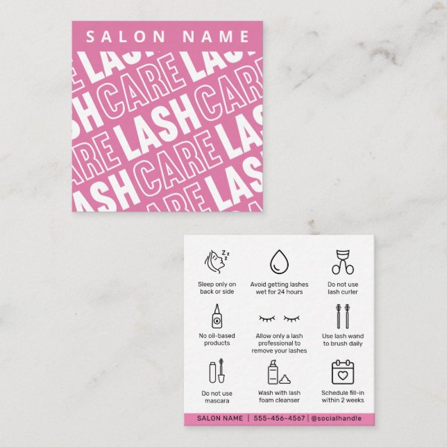 Modern Pink Eyelash Extensions Lash Lift Aftercare Square Business Card (Front/Back)