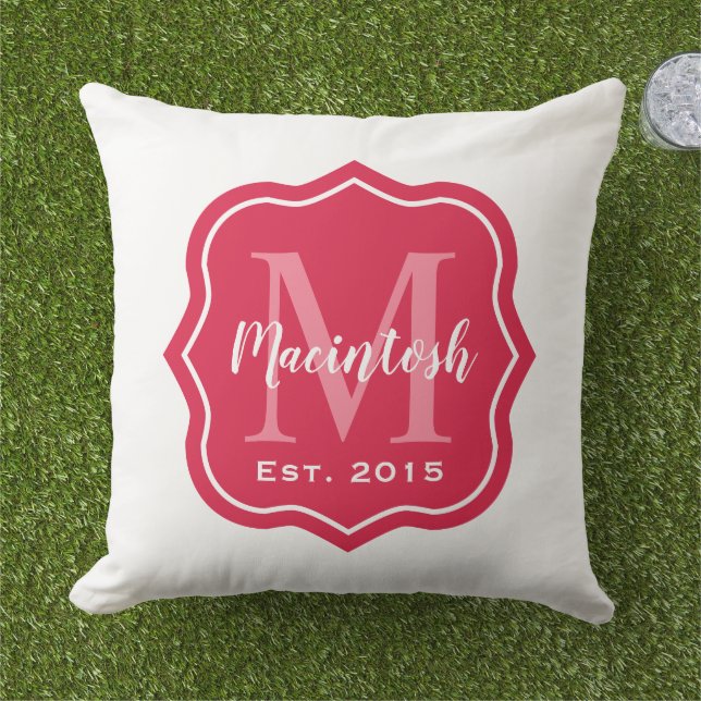 Modern Pink Family Monogram Letter Welcome Outdoor Pillow (Grass)