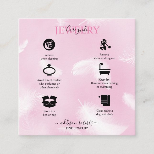 Modern pink feather Jewellery Care  Square Business Card (Front)