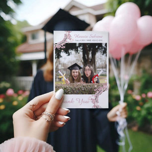 Modern Pink Feminine Graduate Silhouette Border  Thank You Card