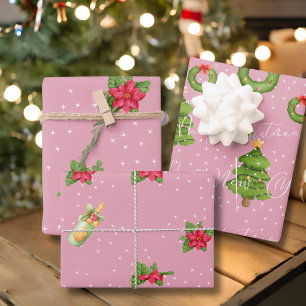 Modern Pink Festive Merry Christmas and New Year Wrapping Paper Sheet