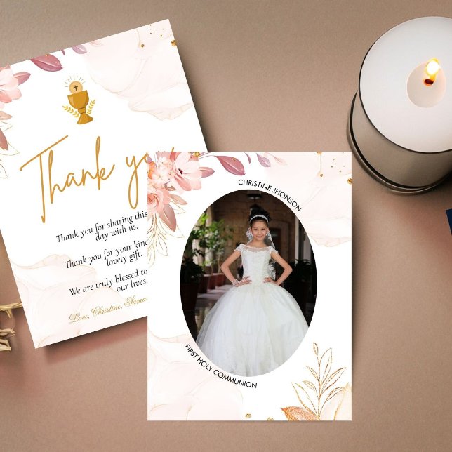 Modern pink  first holy communion  thank you card (Creator Uploaded)
