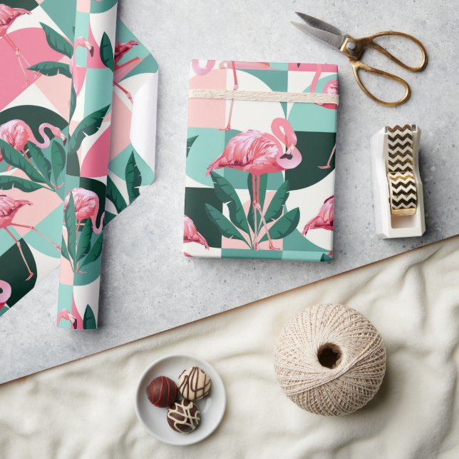 Modern Pink Flamingo Geometric Girly Chic Pattern Wrapping Paper (Crafts)