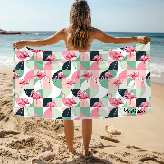 Modern Pink Flamingo Geometric Girly Personalized Beach Towel (Creator Uploaded)