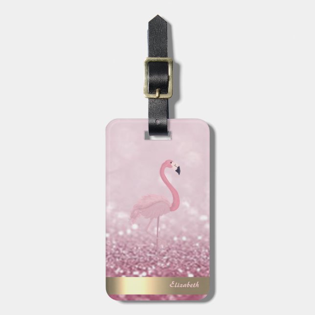 Modern Pink Flamingo  Glitter Bokeh - Personalized Luggage Tag (Front Vertical)
