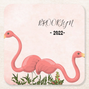 Modern Pink Flamingo Square Paper Coaster