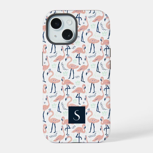 Modern Pink Flamingos Monogram iPhone 15 Case (Back)