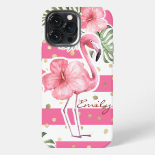 Modern Pink Flamingos Tropical Floral Personalized iPhone 13 Pro Max Case
