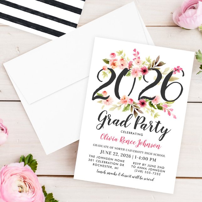 Modern Pink Floral 2025 Grad Party Graduation Invitation (Creator Uploaded)