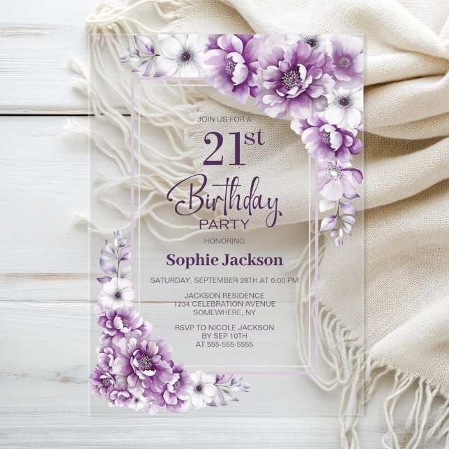 Modern Pink Floral 21st Birthday Party Acrylic Invitations (Creator Uploaded)