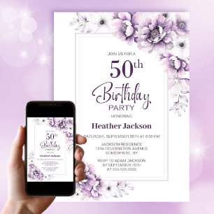Modern Pink Floral 50th Birthday Party Invitation