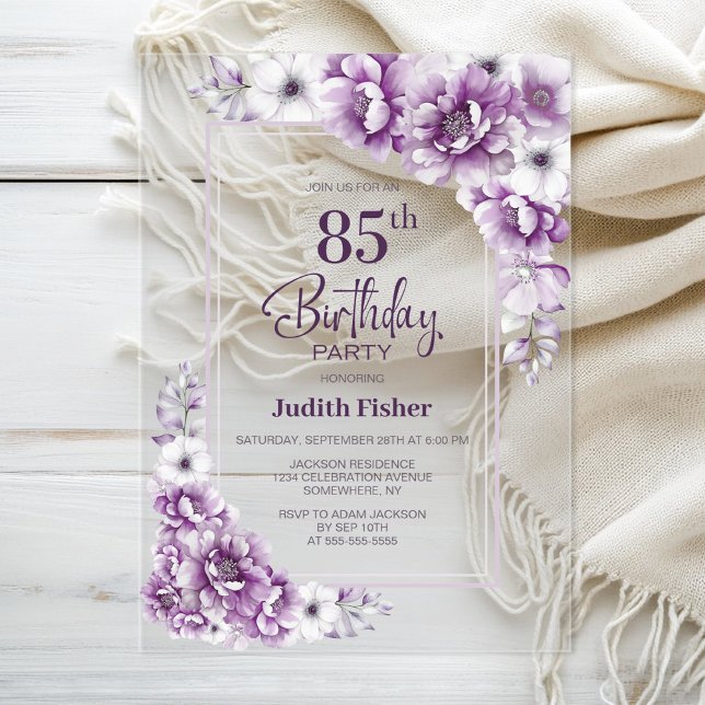 Modern Pink Floral 85th Birthday Party Acrylic Invitations (Creator Uploaded)