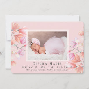Modern Pink Floral Baby Girl Photo Birth Announcement