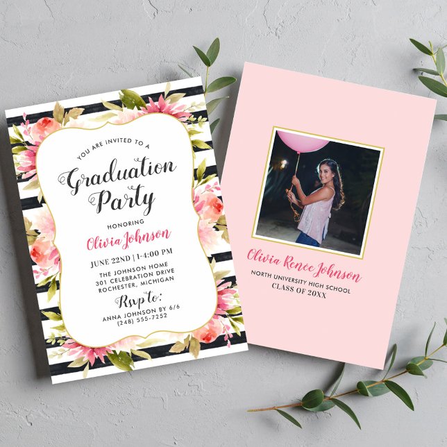 Modern Pink Floral Black Stripes Graduation Party Invitation (Creator Uploaded)