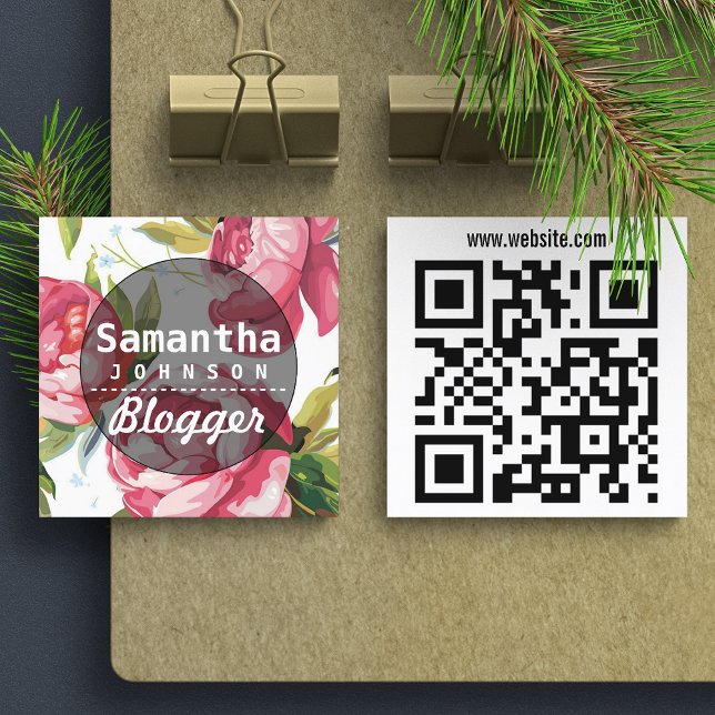Modern Pink Floral Blogger QR Code Square Business Card (Creator Uploaded)